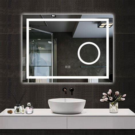Ducha Casa Espejo de baño con led, 80 x 60 cm,rectangular,luz con 3 colores, función bluetooth ,lupa 3x, antinieble, brillo regulable, función de memoria agapada, apagado automático tras una hora de i