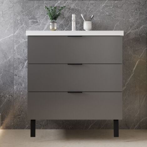 DUCHA CASA Mueble de Baño, Gran Espacio de Almacenamiento, 3 Cajones,Antracita,790 x 460 x 850cm,Lavabo blanco