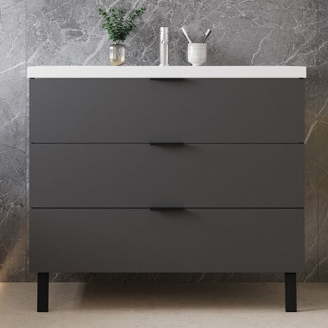 DUCHA CASA Mueble de baño, gran espacio de almacenamiento, 3 cajones,Antracita,990 x 460 x 850 cm,Lavabo blanco