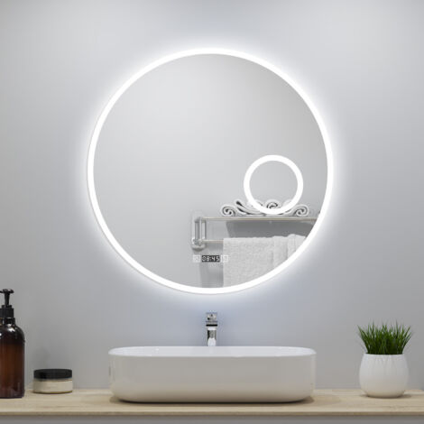 Ducha Casa Espejo de baño redondo LED,antiniebla,regulación continua,reloj,lupa,memoria de apagado,luz tricolor 3000K/4500K/6000K,interruptor táctil + interruptor de pared,70×70cm