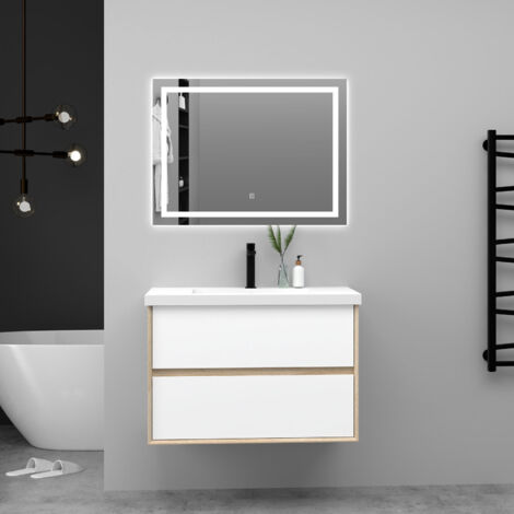 Ducha Casa Mueble de Baño Suspendido con Lavabo Integrado, 2 Cajones, Blanco y Roble,79x46x52cm