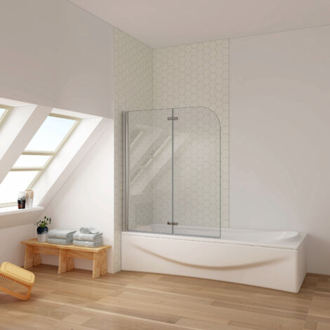 Mampara de bañera plegable con bisagra 2 hojas sin marco exterior, 6mm cristal templado antical, aluminio cromado, 140x120cm
