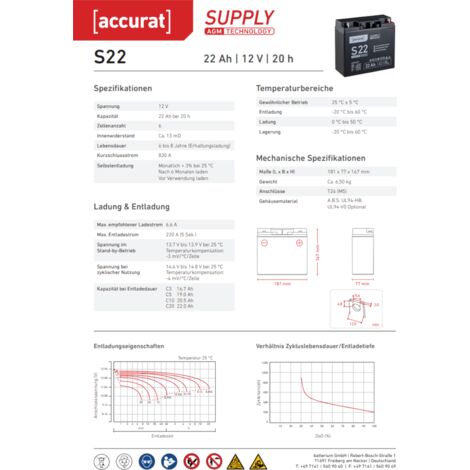 Accurat Supply S18 12V AGM Batterie de plomb 18Ah