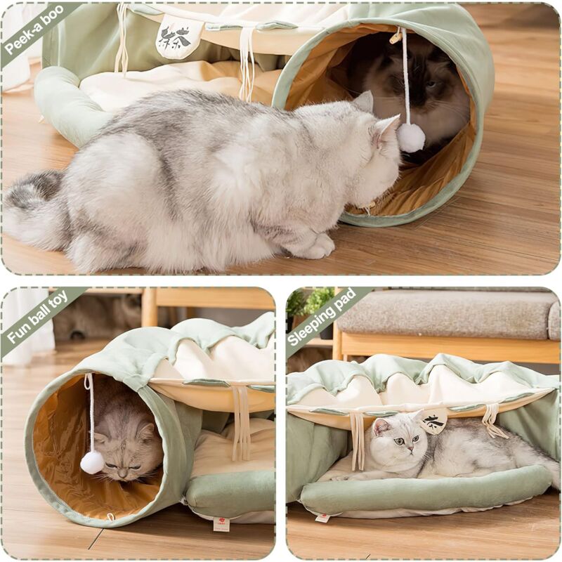 Tunnel Letto Per Gatti A Forma Di Ciambella – Tema Natalizio, In Velluto Di Cotone, Lavabile, Con Tappetino