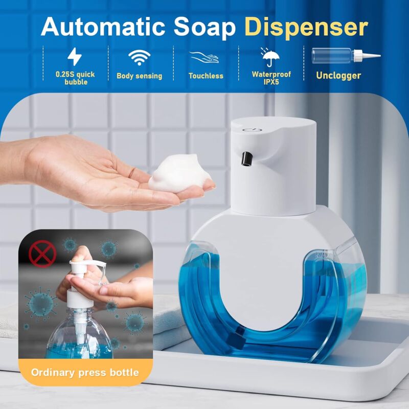 Dispenser di sapone automatico, set di dispenser di sapone da parete da 420  ml, ricaricabile tramite USB con sensore di movimento a infrarossi, adatto  per cucina e bagno (modello in schiuma)