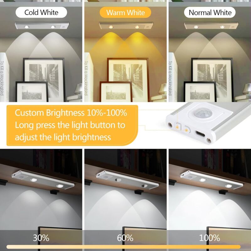Kit 4 Luci LED A Sensore Movimento 3000K Dimmerabili USB-C 2W Per Armadi E Cucine