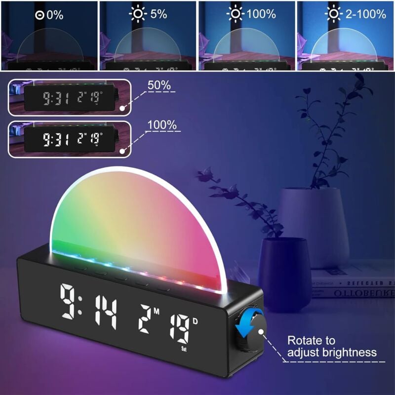 Sveglia con luce, luce sveglia, lampada da comodino, lampada da tavolo  dimmerabile con 10 tipi di suoni per dormire, timer, supporto di ricarica  USB, luce ambientale multicolore