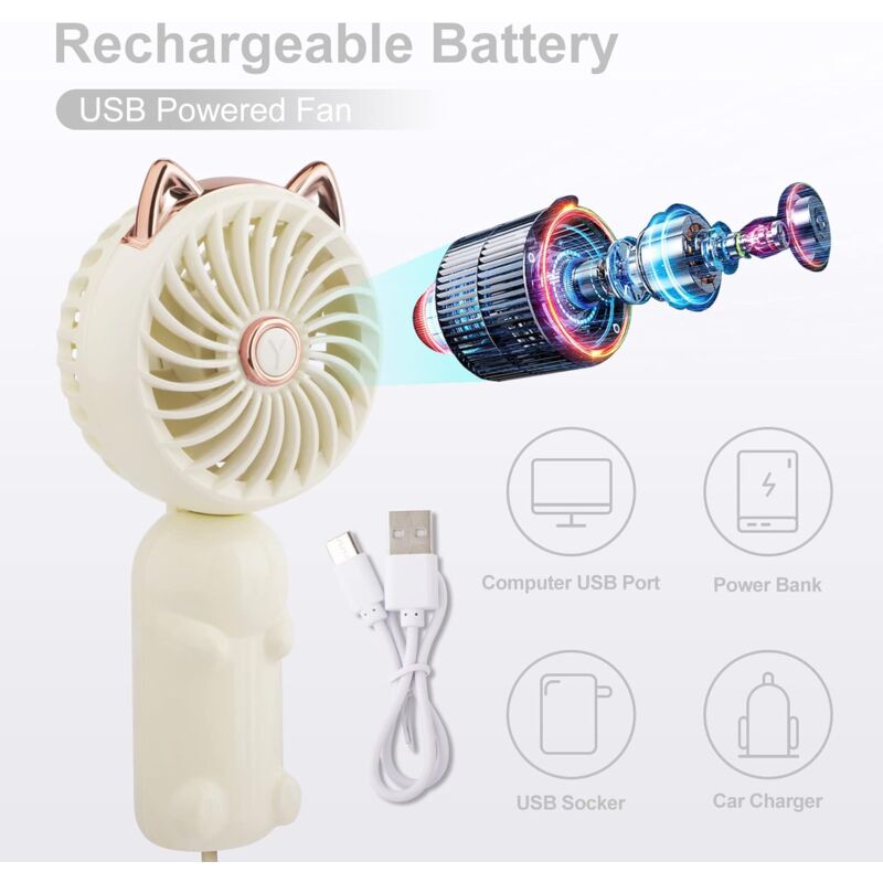 Mini ventilatore portatile, potente, 3 velocità, ricaricabile tramite USB, elegante, ideale per i viaggi, per donne e bambini, rosa, 800 mAh | Leroy Merlin
