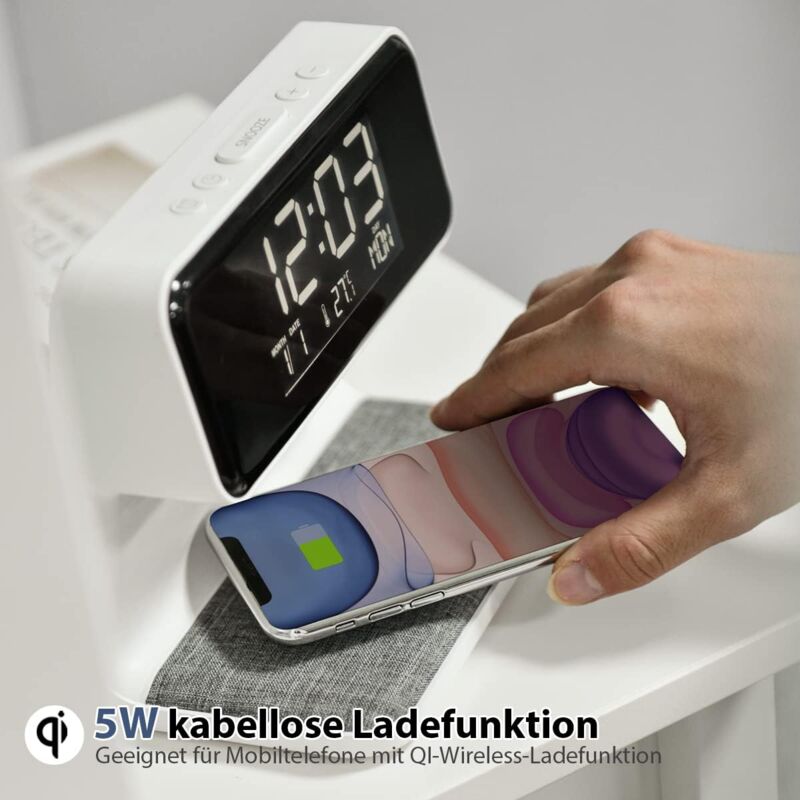 WILIT Lampada da Comodino con Ricarica Wireless 10W, Lampada da Tavolo a Led Touch Dimmerabile con 3 Livelli di Luminosità e Orologi per Camera da Letto, Legna