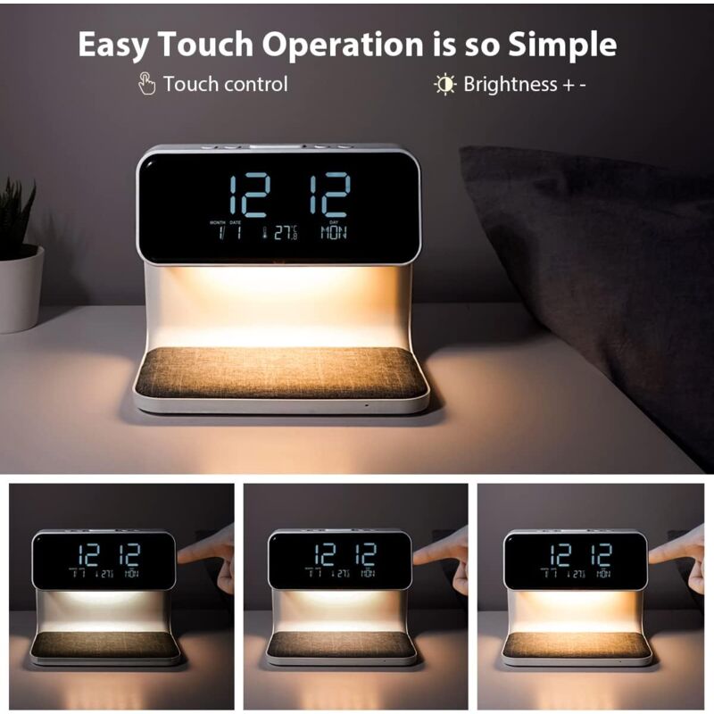 Lampada Da Comodino Con Caricatore Wireless 10W – Svegliata Luce Dimmerabile, 3 Livelli, Snooze, Orologio, Ricarica Qi Per Smartphone