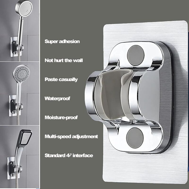 Supporto Doccia Senza Forature - Adesivo Universale Per Soffione, Angolo Regolabile, Argento