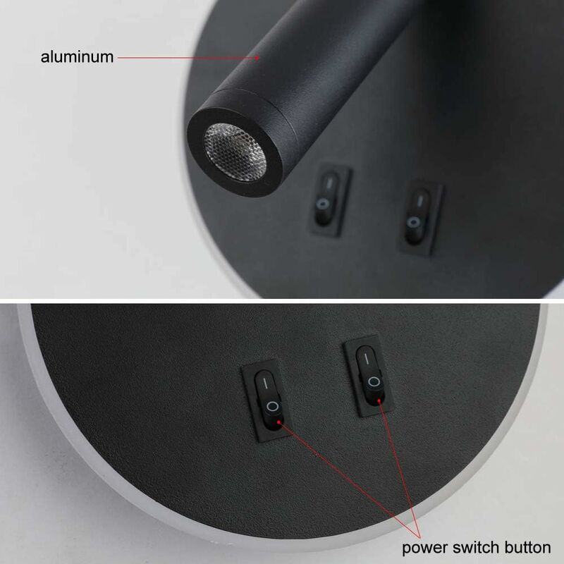 Applique Da Parete A LED Per Lettura 3W+9W 3000K, Con Porta USB E Interruttore Indipendente, Regolabile, Per Comodino E Soggiorno (Nero Quadrato)