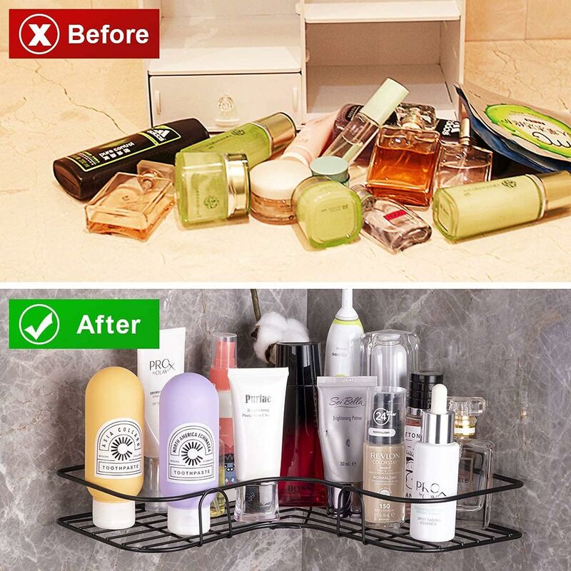 Set Di 2 Mensole Angolari Per Doccia Senza Fori, Con Ventose, Capacità 10 Kg, Organizer Da Bagno Con Ganci, ABS Antiruggine, 32x24x5 Cm - 2