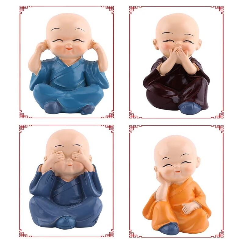 Nikou Set Di 4 Statuette Di Simpatici Monaci In Resina - Decorazione Portafortuna Ispirata Ai Monaci Cinesi Per Casa, Ufficio O Auto - 2