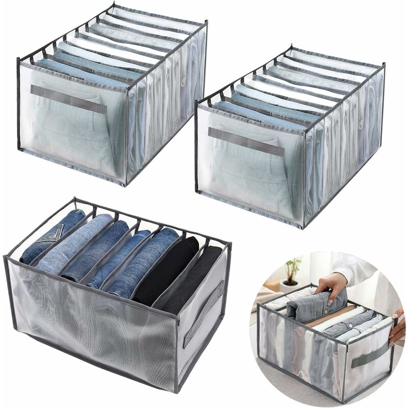 Fixwal 4 organizer per armadio e portaoggetti con pannello, 2 griglie a 7 e 2 organizer pieghevoli per jeans a 5 griglie, per mensole, contenitori per camicie, pantaloni, maglioni, grigio