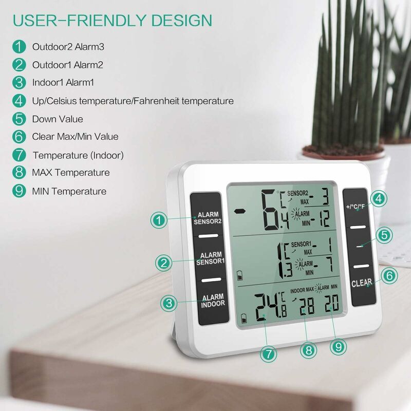 Termometro per frigorifero e congelatore, termometro per frigorifero  wireless con 2 sensori, allarme sonoro minimo/massimo, termometro interno/esterno  per cucina domestica ristorante bar caffetteria