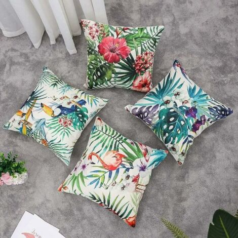 Fukeen Set Di 4 Federe Per Cuscini 45x45 Cm - Misto Lino E Cotone Con Stampa Palma Di Cocco, Retro In Tinta Unita