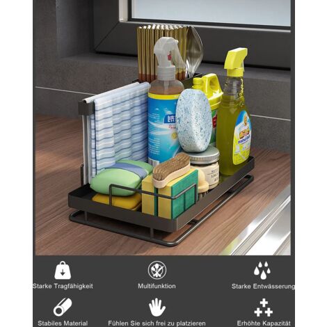 Supporto Per Spugna Vanwood Per Lavello Da Cucina In Acciaio Inox 304 – Con Vassoio Autodrenante E 4 Ventose Antiscivolo, Organizer Per Spazzole E Detergenti, Portasapone Da Banco