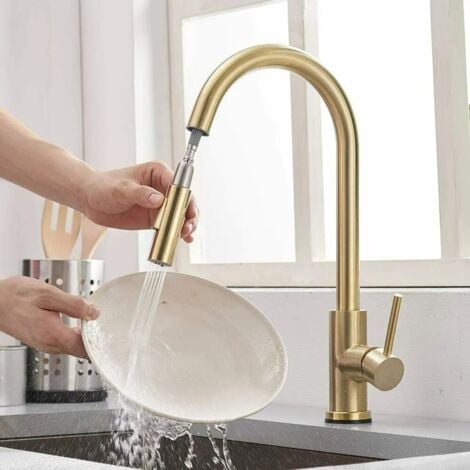 Rubinetto da cucina estraibile dorato con doccia, rubinetto per lavello da cucina a 360°
