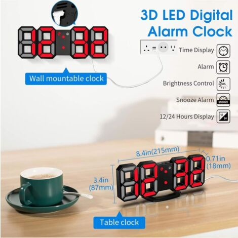 Sveglia digitale a LED 3D, Orologio da parete, Orologio digitale, Sveglia a LED 3D Timorn con 3 livelli di luminosità regolabili Luce notturna Funzione snooze Dimmerabile