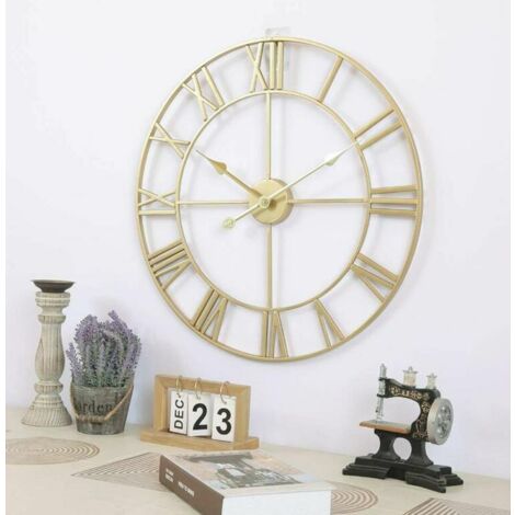 Grande orologio da parete retrò in ferro, rotondo, silenzioso, a batteria, con numeri romani, decorazione per soggiorno in stile vintage
