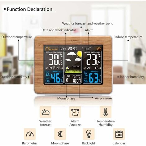Stazione meteorologica Wireless, previsioni Meteo Wireless digitali con Temperatura, umidità, Sveglia barometrica, Stazione Meteo Digitale LCD con sensore Esterno per Ufficio casa YMYNY
