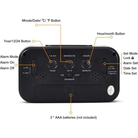 Sveglia digitale intelligente, ampio display LCD da 4,3 pollici con snooze,  data, temperatura, 12/24