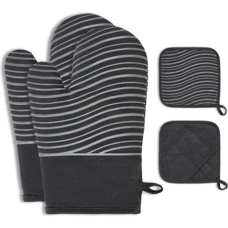 Set Da Cucina Antiscivolo: 2 Guanti Da Forno + 2 Presine, Rivestimento In Silicone, Resistenti Al Calore Fino A 300°C. Morbidi E Traspiranti, Colore Nero.