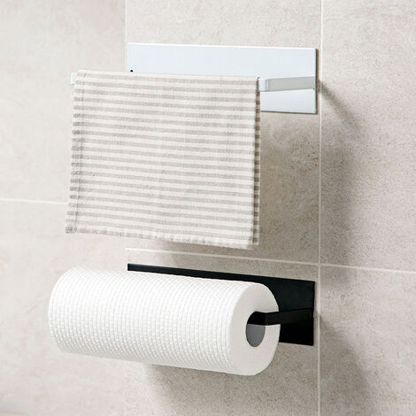 Porta Asciugamani Di Carta Da Cucina In Acciaio Inox Nero - Autoadesivo O A Vite, Sottopensile, Per Bagno E Dispensa, 33,5x7x14,5 Cm