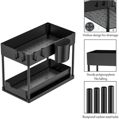 Mensola Portaoggetti Da Bagno Hearth & Harbor 2 Livelli Con Cassetto E Ganci - Sotto Lavello, Organizer Per Cucina, Nero - 2