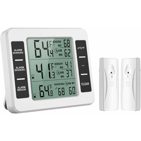 Termometro per frigorifero e congelatore, termometro per frigorifero  wireless con 2 sensori, allarme sonoro minimo/massimo, termometro  interno/esterno per cucina domestica ristorante bar caffetteria