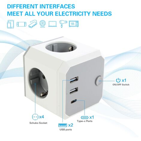 Outlet Cube, adattatore per presa USB, presa a 4 vie con 2 USB e 1 tipo C,  presa multipla 7 in 1 con interruttore, cubo per presa wireless con  adattatore per presa, per ufficio, casa