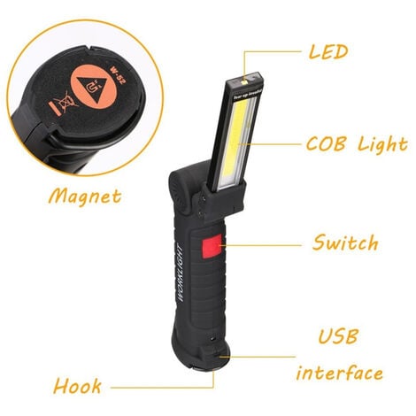 Torcia a LED Torcia USB Ricaricabile LED Lampada da lavoro Magnetica Gancio  COB Lanterna per luce
