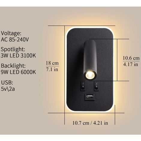 Applique A LED, Luce Da Lettura Da Comodino Con Interruttore, Porta Di Ricarica Usb Illuminazione Ambientale Regolabile Per Camera Da Letto Luce Naturale 3w Luce Calda 9w Nero 92272098 Applique A LED, Luce Da Lettura Da Comodino Con Interruttore, Porta Di Ricarica Usb Illuminazione Ambientale Regolabile Per Camera Da Letto Luce Naturale 3w Luce Calda 9w Nero 92272098