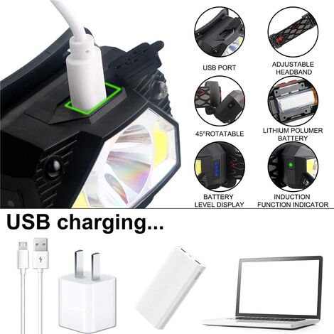 Lampada Frontale A LED Con Sensore, Potente Lampada Frontale COB XPE, 5 - Foto 8