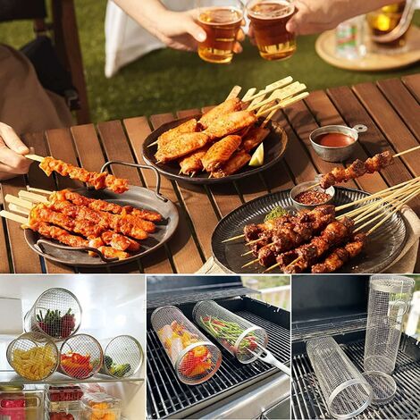 Set 2 Cestelli Per Barbecue In Acciaio Inox Con Manico Legno - Griglia Per Verdure E Carne - Foto 4