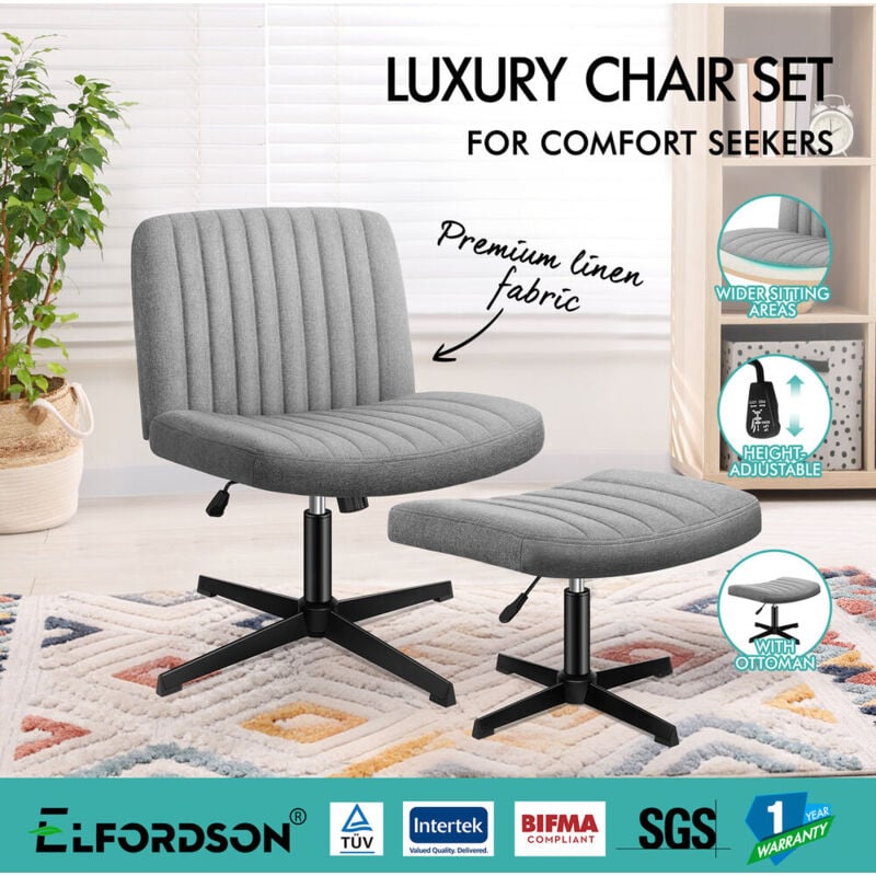 ELFORDSON Cross Legged Office Chair With Ottoman, Wide Seat Armless Desk Chairs No Wheels Mid Back Velvet Pink 85778847