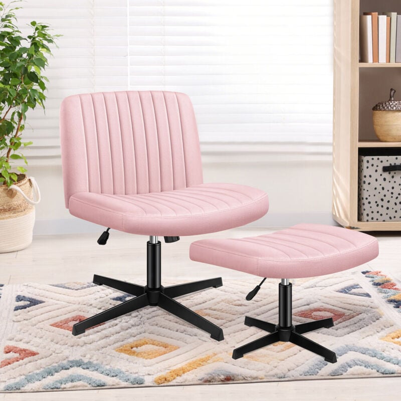 ELFORDSON Cross Legged Office Chair With Ottoman, Wide Seat Armless Desk Chairs No Wheels Mid Back Velvet Pink 85778847