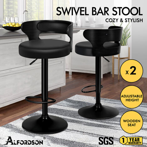 ALFORDSON 2 x Comfy Bar stools PU Leather, 360 Degree Swivel Wooden Kitchen Chair, All Black