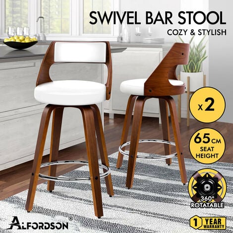 ALFORDSON 2 x Thick Padded Bar stools PU Leather, Wooden Kitchen Chair, White