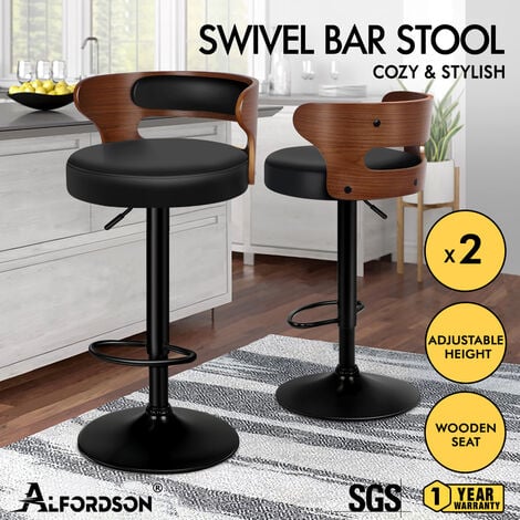 ALFORDSON 2 x Comfy Bar stools PU Leather, 360 Degree Swivel Wooden Kitchen Chair, Black