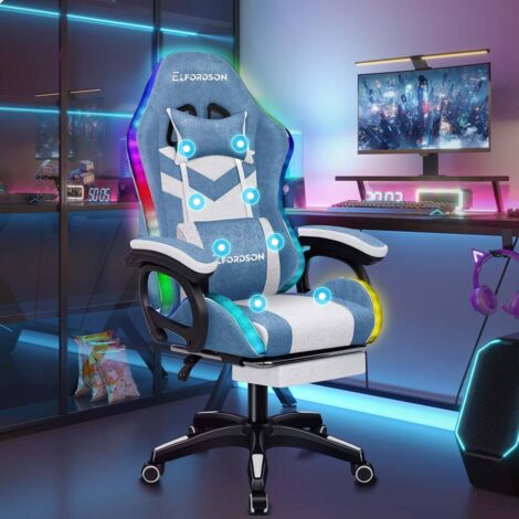 ELFORDSON Gaming Office Chair with RGB LED Light 8-Point Massage, Fabric Linen, Blue & White