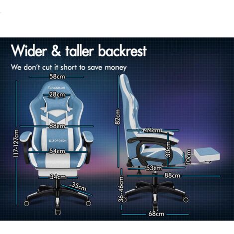 ELFORDSON Gaming Office Chair with RGB LED Light 8-Point Massage, Fabric Linen, Blue & White