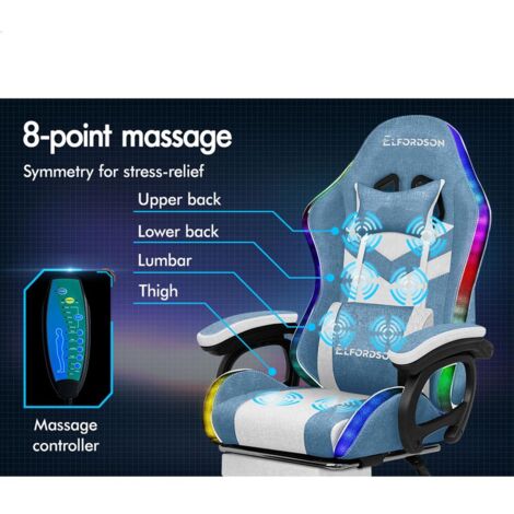 ELFORDSON Gaming Office Chair with RGB LED Light 8-Point Massage, Fabric Linen, Blue & White
