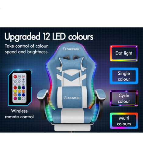 ELFORDSON Gaming Office Chair with RGB LED Light 8-Point Massage, Fabric Linen, Blue & White