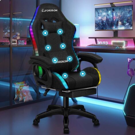 ELFORDSON Gaming Office Chair with RGB LED Light 8-Point Massage, Fabric Linen, Black