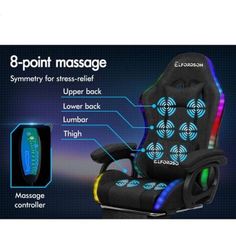 ELFORDSON Gaming Office Chair with RGB LED Light 8-Point Massage, Fabric Linen, Black