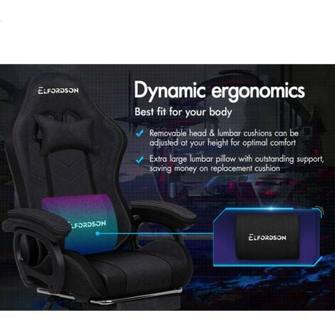 ELFORDSON Gaming Office Chair with RGB LED Light 8-Point Massage, Fabric Linen, Black