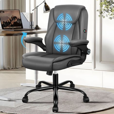 ELFORDSON Massage Office Chair for Home, Executive Comfy Office Chairs with 90° Flip-up Armrests, Adjustable Height, Swivel, PU Leather, Grey