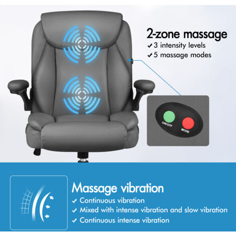 ELFORDSON Massage Office Chair for Home, Executive Comfy Office Chairs with 90° Flip-up Armrests, Adjustable Height, Swivel, PU Leather, Grey